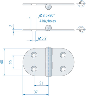 Roca vlakscharnier rond RVS 74 x 40 mm 441700 - pen aan bovenzijde - 00309023 2 - 00309023