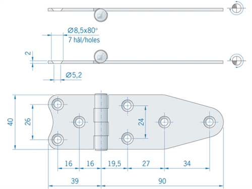 Roca staartscharnier vlak RVS 129 x 40 mm  441610 - 00309060 2 - 00309060