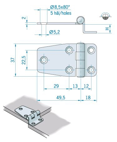 Roca staartscharnier hoek RVS 66 x 37 mm 441572 Hoogte 12 Mm - 00309171 02 - 00309171