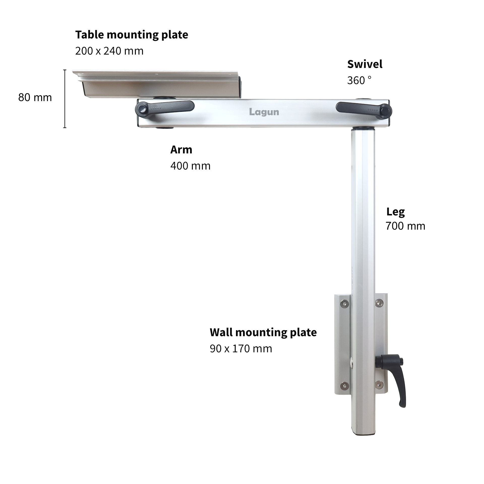 Lagun Kuiptafel onderstel, 500mm poot, 90 gr. verstelbaar, alu geanodiseerd - 00309843 4 - 00309843